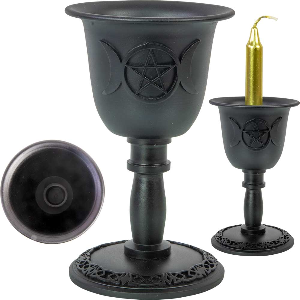 Mini Candle Holder-Metal Chalice-Triple Moon W/Pentacle 4"