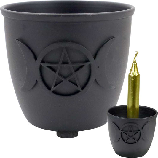 Mini Candle Holder-Iron Pot-Triple Moon Pentacle 2.5"H