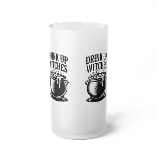 Frosted Glass Beer Mug – "Drink Up Witches" Halloween Barware, Witchcraft Gifts, Party Accessories, Spooky-Themed Drinkware