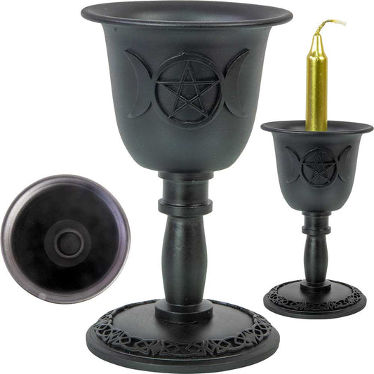 Mini Candle Holder-Metal Chalice-Triple Moon W/Pentacle 4"