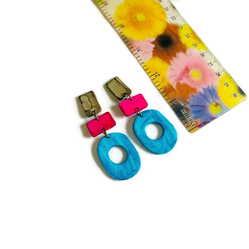 Long Colorful Earrings in Blue, Pink & Grey