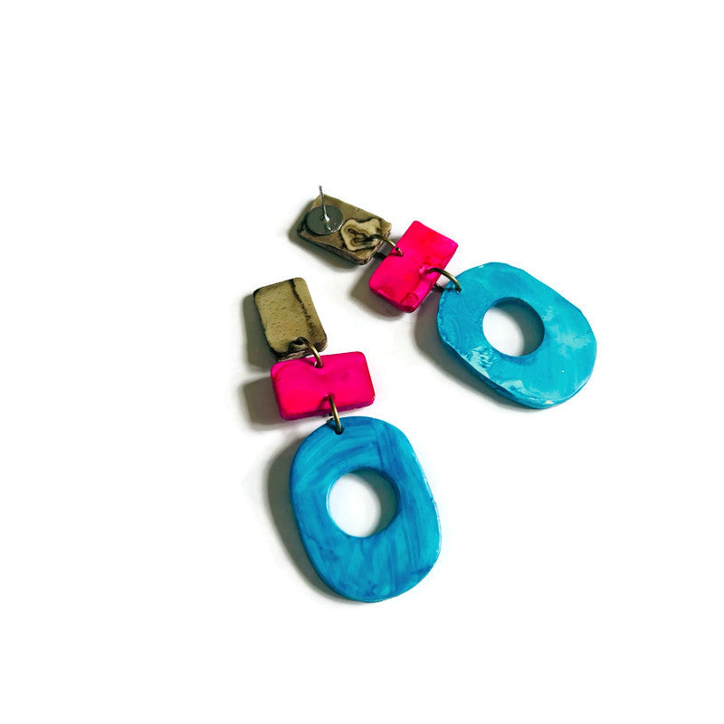 Long Colorful Earrings in Blue, Pink & Grey