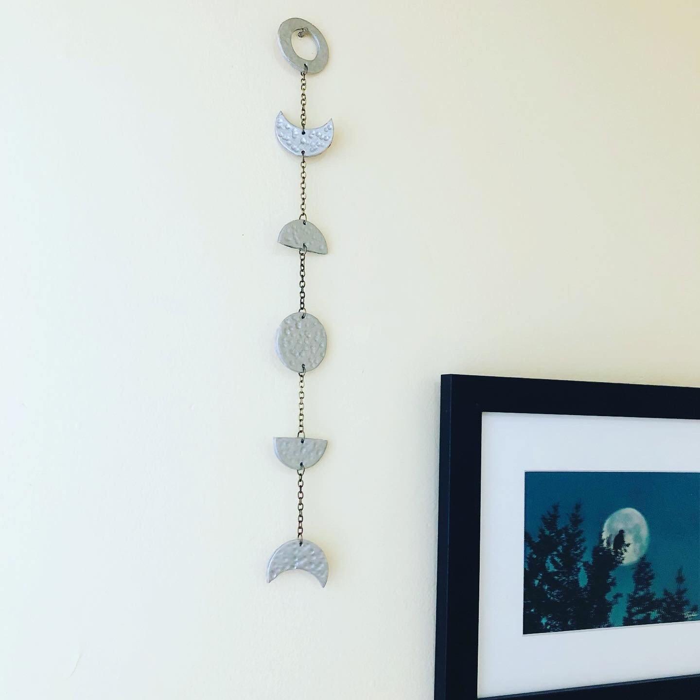 Gold Moon Phase Wall Hanging, Hammered Textured Clay Lunar Décor